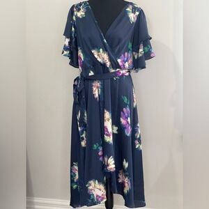 New DKNY 16 Floral Wrap‎ Dress in Navy w Ruffle Sleeves 498